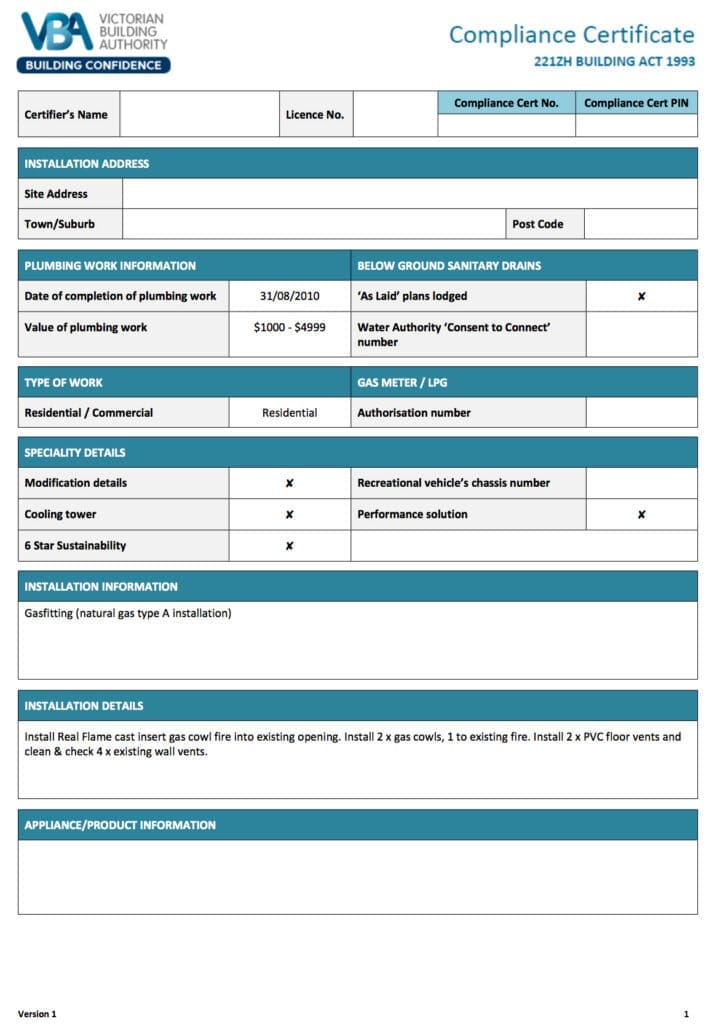 Victorian Building Authority compliance certificate full page